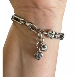 Brighton Silver Tone Double Sided Scroll Link Heart Bracelet  Heart Charm 7–8”